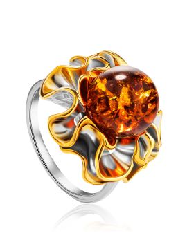 Gold-plated silver and rhodium ring with amber 
