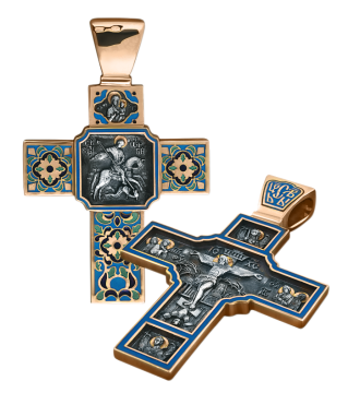 Orthodox cross pendant "Crucifixion of Christ" and "Saint George the Victorious" made of 925 sterling silver, gilded with 999 karat red gold. 