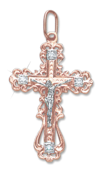 Cross from red gold of 585 assay value with cubic zirconia 