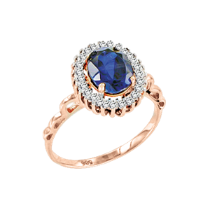 Lady´s ring in red gold of 585 assay value with sapphire HTS, zirconia 
