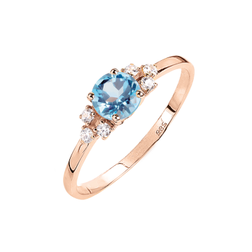 Rotgold 585° Damenring mit blau Topas, Zirkonia 