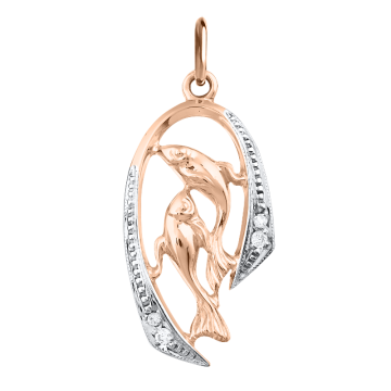Pendant zodiac sign "Pisces" in red gold with zirconia 