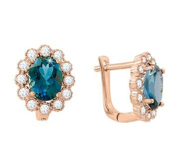 Earrings in red gold of 585 assay value with London blue topaz, zirconia 