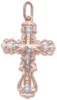 Cross from red gold of 585 assay value with cubic zirconia 
