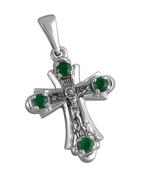 Orthodoxer Kreuzanhänger für den Hals „Kreuzigung Christi“ aus 925er Sterlingsilber mit Smaragd 