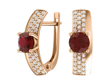 Earrings in red gold of 585 assay value with garnet, zirconia 