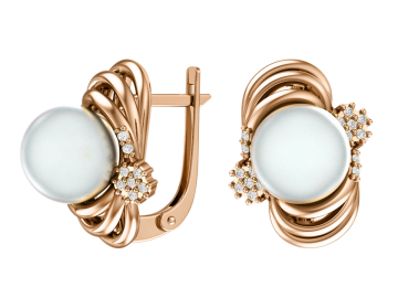 Earrings in red gold of 585 assay value with natural pearl and zirconia 