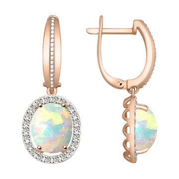 Earrings in red gold of 585 assay value with opal, diamonds 