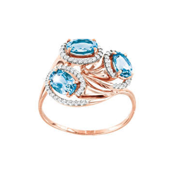 Lady´s ring in red gold of 585 assay value with blue topaz, zirconia 