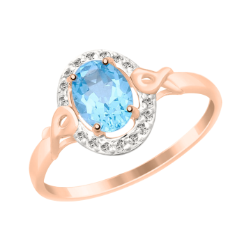 Lady´s ring in red gold of 585 assay value with blue topaz, zirconia 