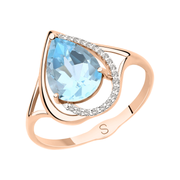 Lady´s ring in red gold of 585 assay value with blue topaz, zirconia 