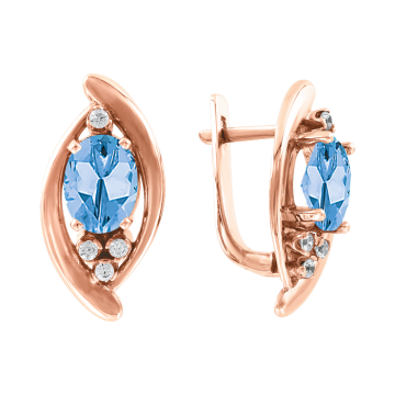 Earrings in red gold of 585 assay value with blue topaz, zirconia 