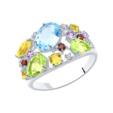 Damenring aus 925er Silber mit Citrin, Chrysolith, Topas Sky, Amethyst, Granat und Zirkonia 