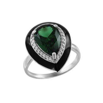 Damenring aus 925er Silber mit grün Sitall, Zirkonia, schwarze Emaille 