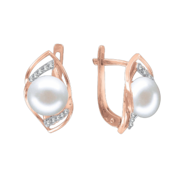 Earrings in red gold of 585 assay value with natural pearl and zirconia 