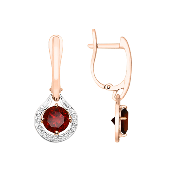 Earrings in red gold of 585 assay value with garnet, zirconia 