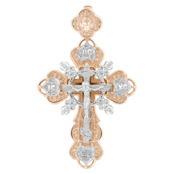 Cross from red and white gold of 585 assay value with cubic zirconia 