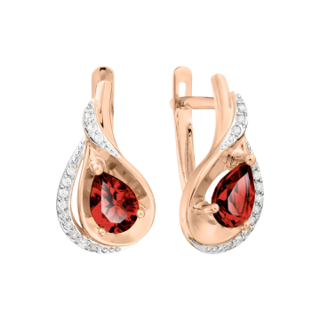 Earrings in red gold of 585 assay value with garnet, zirconia 
