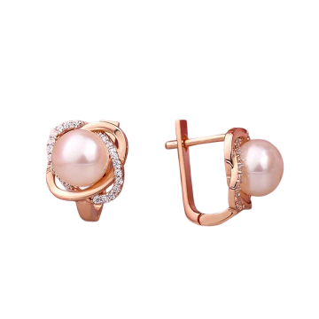 Earrings in red gold of 585 assay value with natural pearl 