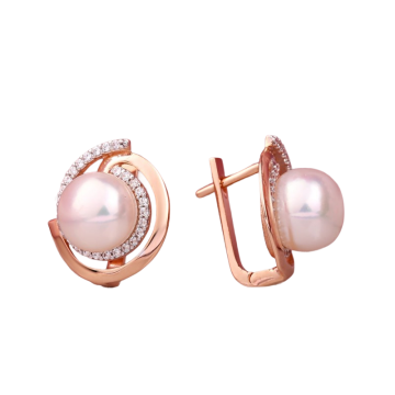 Earrings in red gold of 585 assay value with natural pearl and zirconia 