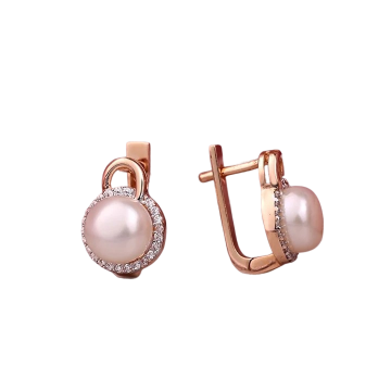 Earrings in red gold of 585 assay value with natural pearl and zirconia 