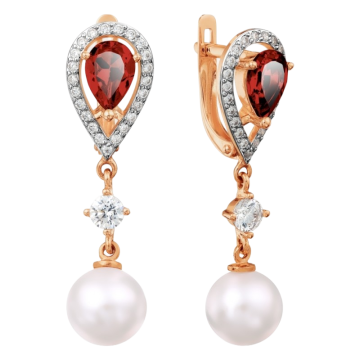 Gold Earrings with Garnet, Cubic Zirconia, and Pearl 