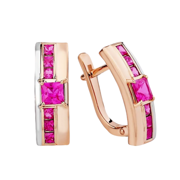 Earrings in red gold of 585 assay value with ruby HTS 