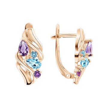 Earrings in red gold of 585 assay value with topaz and amethyst 
