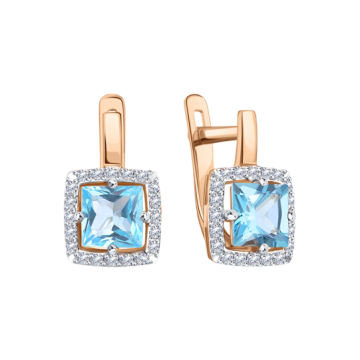 Earrings in red gold of 585 assay value with blue topaz, zirconia 