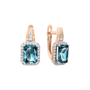 Earrings in red gold of 585 assay value with London blue topaz, zirconia 