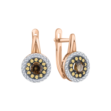 Earrings in red gold of 585 assay value with smoky topaz, zirconia 