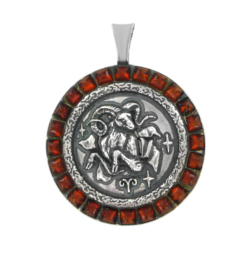 Silver zodiac sign "Aries" with amber 