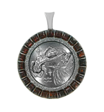 Silver zodiac sign "Aquarius" with amber 
