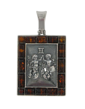 Anhänger Sternzeichen "Zwillinge" aus 925er Sterling Silber mit echtem Bernstein 