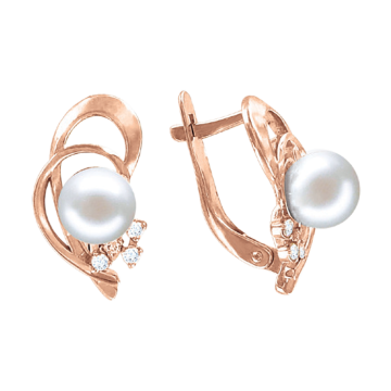 Earrings in red gold of 585 assay value with natural pearl and zirconia 