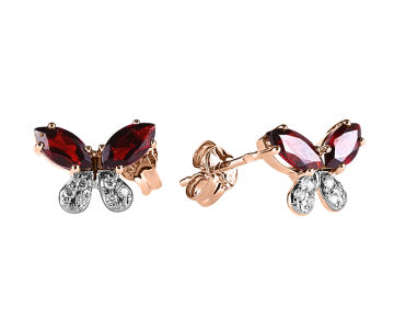 Earrings in red gold of 585 assay value with garnet, zirconia 