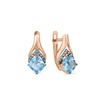 Earrings in red gold of 585 assay value with London blue topaz, zirconia 