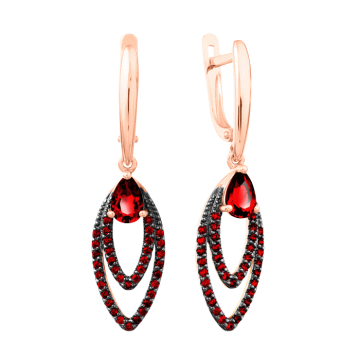 Earrings in red gold of 585 assay value with garnet, zirconia 