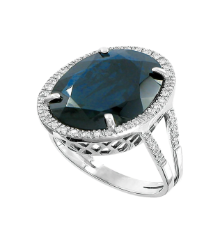 Lady's ring in white gold of 585 assay value with sapphire, diamonds 