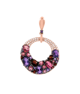 Pendant in red gold of 585 assay value with amethyst, garnet, pink tourmaline, diamond 