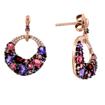 Earrings in red gold of 585 assay value (14ct) with amethyst, diamond, garnet, pink tourmaline 