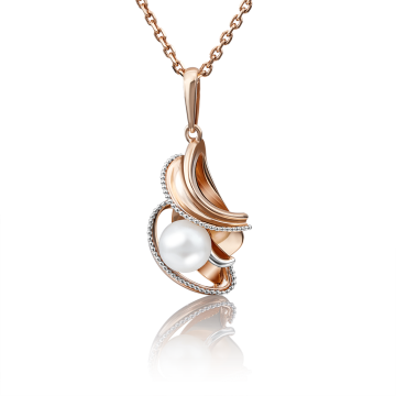 Pendant in red gold of 585 assay value with natural pearl and zirconia 