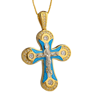 Orthodoxe Kreuz-Anhänger "Kreuzigung Christi" Silber 925° mit Rotgold vergoldet 999°. Besetzt mit Zirkonia und Emaille 