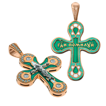 Orthodox cross pendant "The Crucifixion Of Christ" in gold-plated silver. Stone with zirconia and enamel 