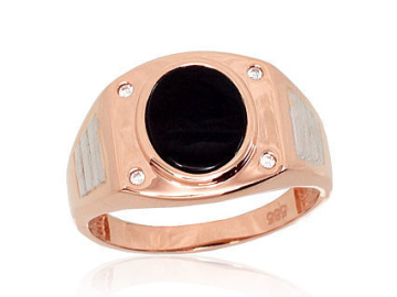 Man's ring in red gold of 585 assay value with zirconia, onyx 23,0 mm