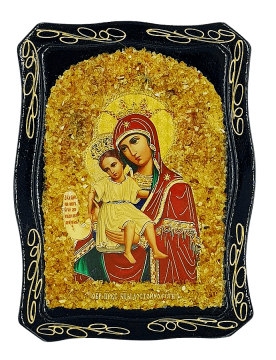 Русская православная икона Божией Матери «Милующая» украшенная натуральным янтарем 