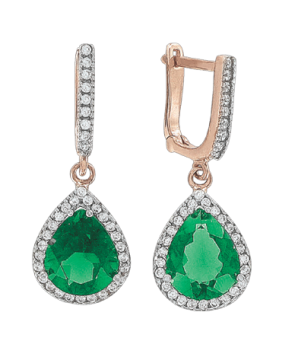 Earrings in red gold of 585 assay value with emerald syn., zirconia 