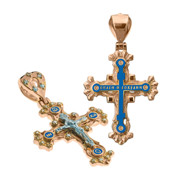 Orthodoxe Kreuz-Anhänger Silber 925° mit Rotgold vergoldet 999°. Besetzt mit Zirkonia und Emaille 