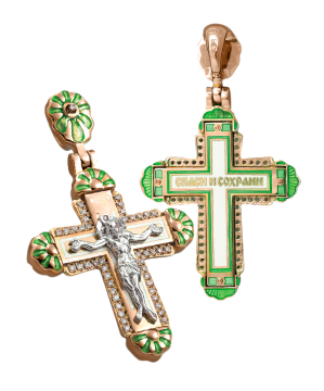 Orthodoxe Kreuz-Anhänger "Kreuzigung Christi" Silber 925° mit Rotgold vergoldet 999°. Besetzt mit Zirkonia und Emaille 