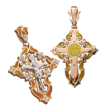 Orthodox cross pendant "The Crucifixion Of Christ" in gold-plated silver. Stone with zirconia and enamel Blue